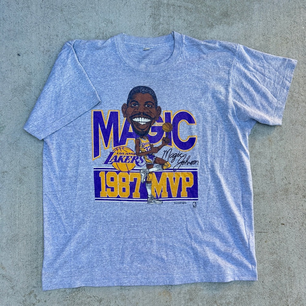 Salem Sportswear Magic Johnson Lakers T Shirt XL Gray 80s 1987 MVP Single Stitch